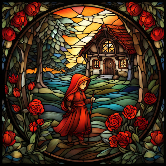 red, orange, yellow, green, blue, stained glass, little red riding hood, fairy tale, cottage, roses, forest, trees, circular design, fabric panel, quilting, decorative border, storytelling, children's theme, vintage style, medieval art
