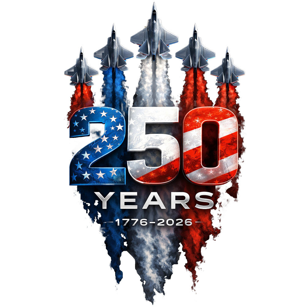 patriotic, red white and blue, american flag, military, fighter jets, aircraft, american pride, 250 years, bicentennial, commemorative, stars and stripes, defense, air force, bold, dramatic, modern, patriot, memorial, tribute, celestial blue, bright red, white, smoke effect, dynamic, powerful, heroic, national pride