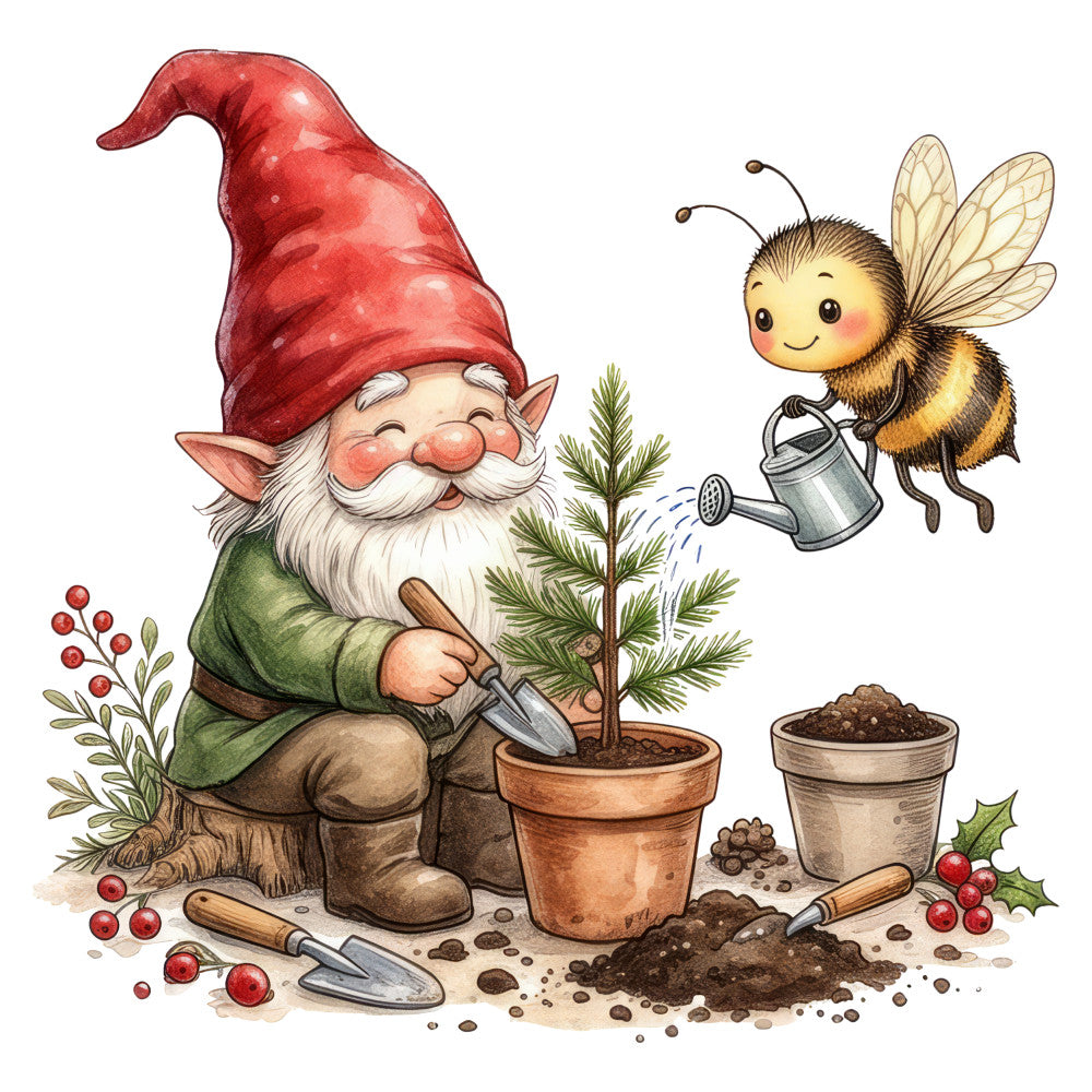 garden gnome, red hat, white beard, bee, watering can, potted plant, soil, berries, holly, christmas, holiday, whimsical, cute, woodland, nature, gardening theme, forest green, cream, rustic, traditional, spring, summer, fantasy, children's, decorative panel, gnome illustration, insect motif, festive, cottage core, storybook style