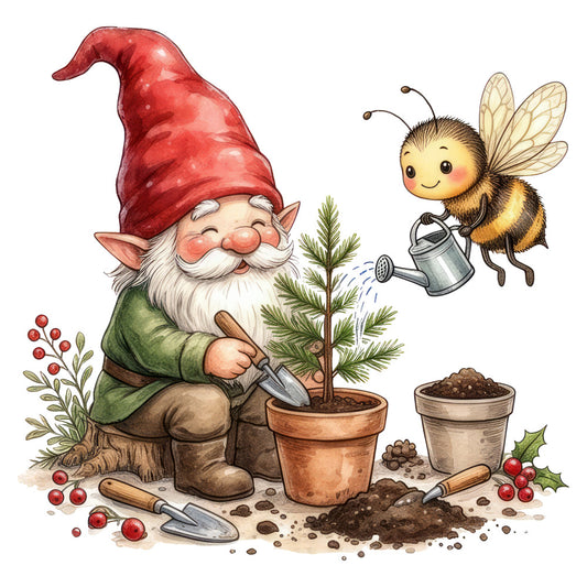 garden gnome, red hat, white beard, bee, watering can, potted plant, soil, berries, holly, christmas, holiday, whimsical, cute, woodland, nature, gardening theme, forest green, cream, rustic, traditional, spring, summer, fantasy, children's, decorative panel, gnome illustration, insect motif, festive, cottage core, storybook style