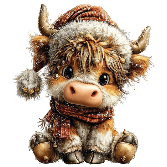 highland cow, christmas, winter, brown, cream, white, orange, plaid scarf, horns, fluffy fur, snowflakes, cute animal, fabric panel, quilting cotton, seasonal, holiday themed, sitting pose, big eyes, wooly texture, festive