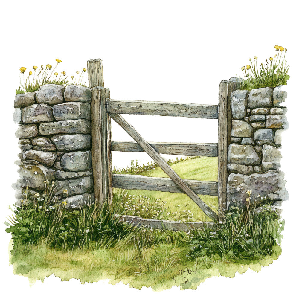 fabric panel, watercolor style, stone wall, wooden gate, countryside scene, pastoral landscape, green grass, yellow flowers, wildflowers, rustic fence, english countryside, rural setting, nature illustration, soft colors, grey stones, weathered wood, quilting cotton, botanical elements, field gate, country garden
