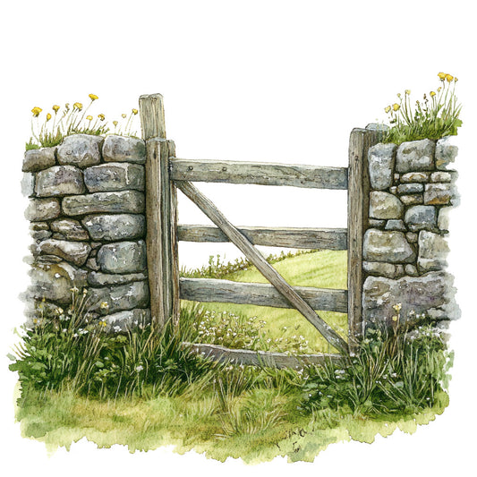 fabric panel, watercolor style, stone wall, wooden gate, countryside scene, pastoral landscape, green grass, yellow flowers, wildflowers, rustic fence, english countryside, rural setting, nature illustration, soft colors, grey stones, weathered wood, quilting cotton, botanical elements, field gate, country garden