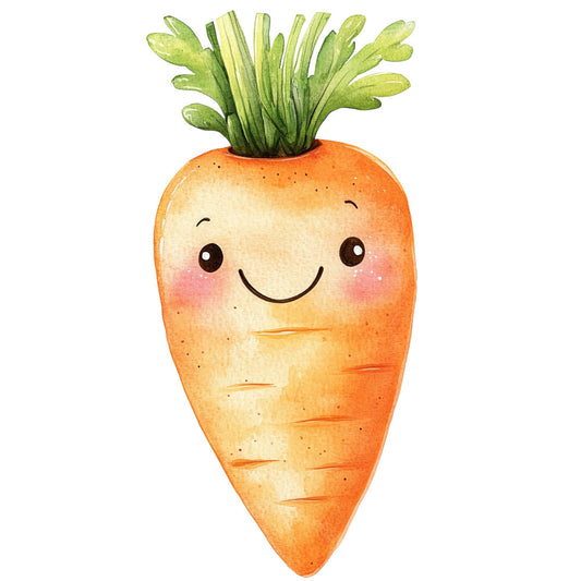 orange, cream, green, cute, whimsical, vegetable, carrot, smiling face, happy, kawaii, children's, playful, garden, food, spring, summer, kids fabric, nursery, baby, character, illustrated, watercolor, folk art, farmhouse, nature inspired, cheerful, bright, smile motif, greens tops