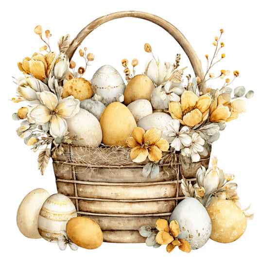 easter basket, spring flowers, cream, beige, tan, gold, white, natural, botanical, floral, eggs, easter eggs, vintage, rustic, whimsical, farmhouse, nature, seasonal, spring, easter, dried flowers, tulips, daisies, basket, woven, decorated eggs, neutral tones, warm colors, traditional, cottage style