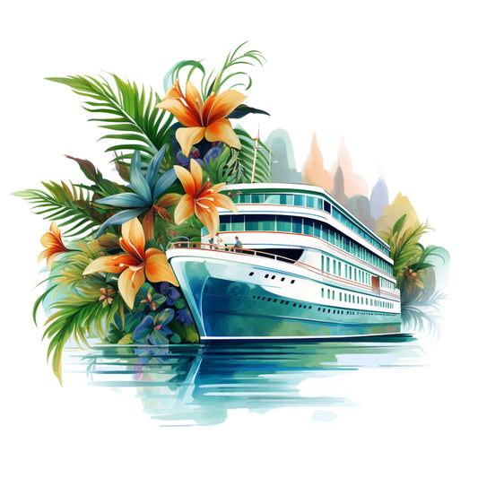 cruise ship, tropical flowers, orange lilies, palm fronds, turquoise water, white vessel, ocean voyage, tropical paradise, green foliage, blue reflections, vacation theme, maritime scene, exotic blooms, watercolor style, fabric panel, quilting cotton, travel motif, island getaway, nautical design, summer vibes