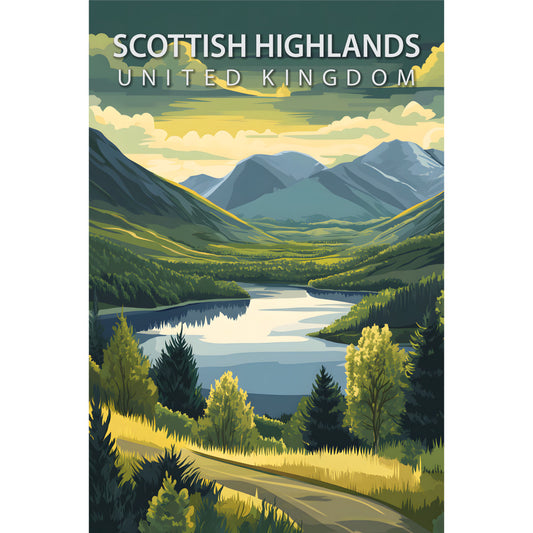 teal, sage green, golden yellow, cream, blue mountains, highland landscape, travel poster, vintage style, scenic valley, winding road, evergreen trees, rolling hills, cloudy sky, peaceful mood, fabric panel, quilting cotton, nature scene, mountain vista, scottish highlands, tourism art