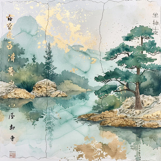 asian landscape, rice paper texture, watercolor style, sage green, muted blues, soft yellows, mountain scenery, pine trees, flowing water, rocky terrain, misty atmosphere, japanese calligraphy, fabric panel, quilting cotton, serene mood, nature scene, oriental art, peaceful setting, earth tones, artistic brushwork