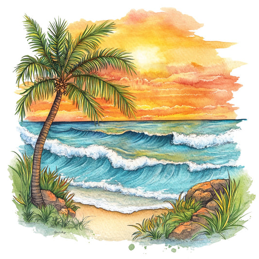 tropical sunset, palm tree, beach scene, ocean waves, coastal, turquoise blue, golden yellow, coral orange, peach, sandy beige, watercolor, seascape, nautical, summer, vacation theme, tropical plants, grass, rocks, white sand, peaceful, relaxing, travel, destination, bohemian, nature inspired, scenic landscape, beach house, seaside, warm colors, impressionistic