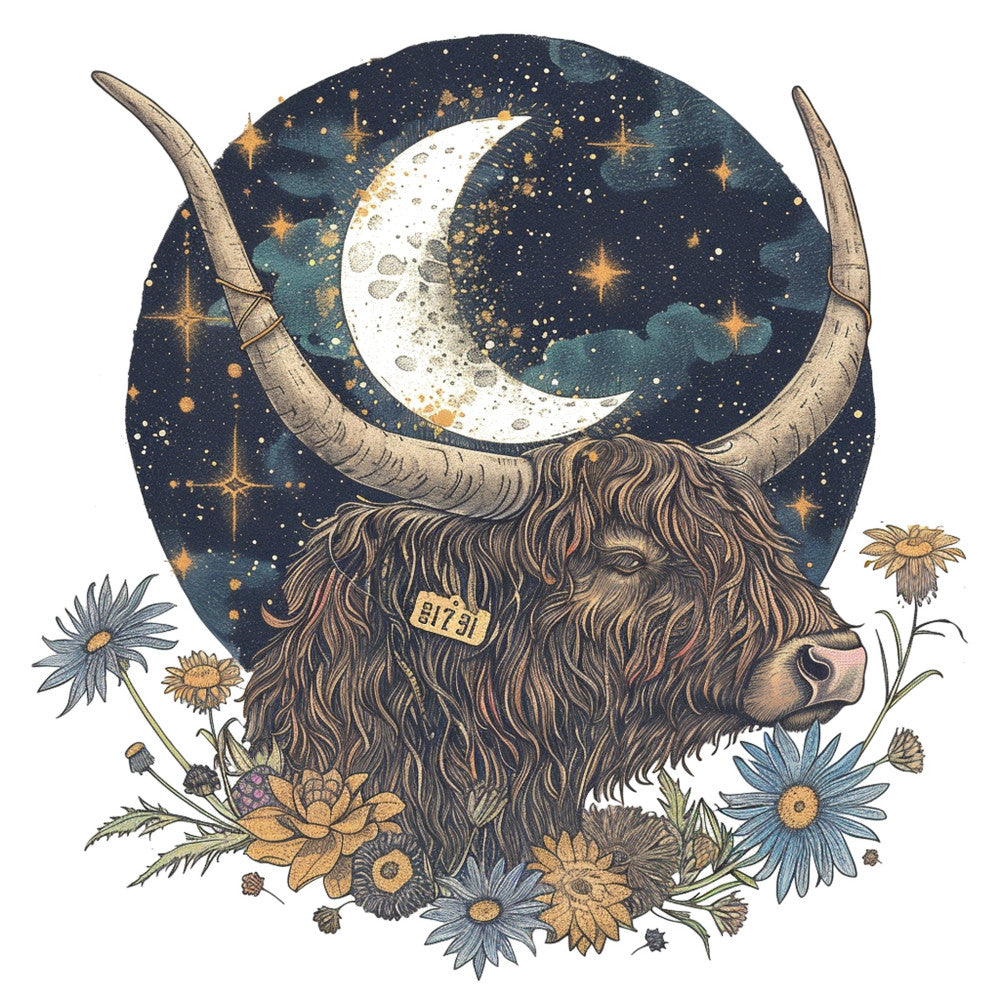 celestial, night sky, moon, stars, taurus, zodiac, bull, horns, constellation, navy blue, gold, cream, teal, botanical, flowers, daisies, wildflowers, whimsical, mystical, bohemian, rustic, nature, animals, livestock, magical, dreamy, sparkle, vintage, folk art, enchanted