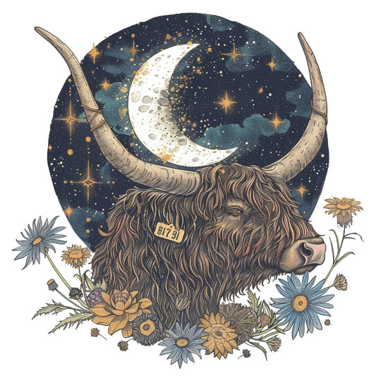 celestial, night sky, moon, stars, taurus, zodiac, bull, horns, constellation, navy blue, gold, cream, teal, botanical, flowers, daisies, wildflowers, whimsical, mystical, bohemian, rustic, nature, animals, livestock, magical, dreamy, sparkle, vintage, folk art, enchanted
