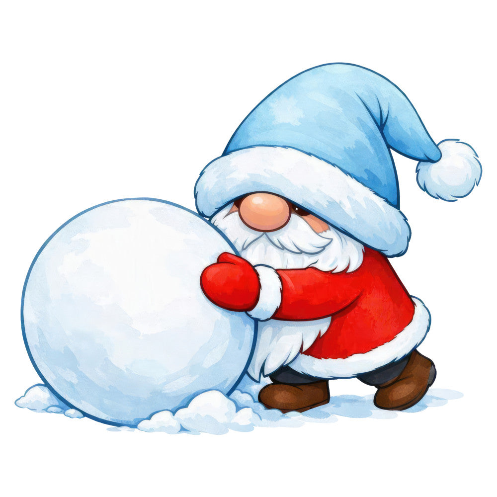 gnome, winter, christmas, holiday, snow, blue, red, white, cream, whimsical, festive, seasonal, snowball, bearded gnome, vintage gnome, cute, playful, traditional, cheerful, christmas gnome, winter gnome, holiday decoration, december, seasonal decor, family friendly, children's design, snow scene, folk art, nostalgic