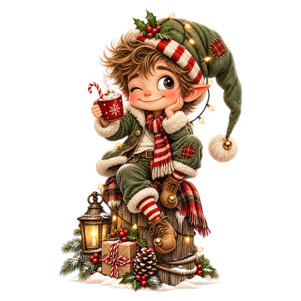 christmas elf, holiday, festive, whimsical, fantasy, forest green, red, cream, gold, vintage, nostalgic, storybook, cute, cheerful, joyful, magical, christmas decoration, winter, seasonal, traditional, gnome, elf character, holly berries, candy cane, lantern, gift, rustic, cozy, children's, illustration