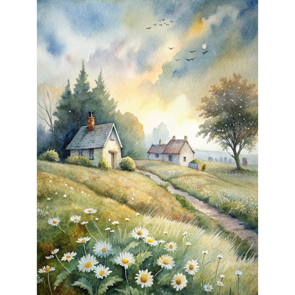 watercolor painting, pastoral scene, cottage houses, rolling hills, country path, white daisies, wildflowers, green meadows, blue sky, fluffy clouds, flying birds, evergreen trees, rural landscape, peaceful countryside, soft pastels, nature scene, quilting panel, fabric art, serene mood, english countryside