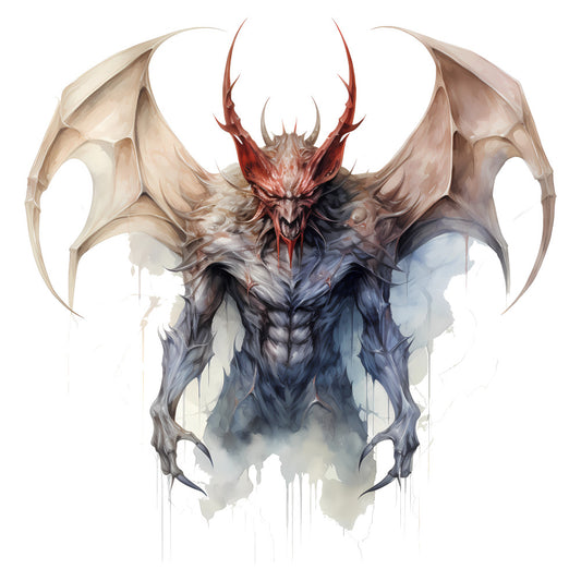 demon, devil, fantasy creature, dark fantasy, gothic, wings, horns, red, charcoal gray, deep blue, black, cream, beige, abstract watercolor, dramatic, mystical, supernatural, evil, dark art, monster, mythical beast, contemporary, edgy, dark aesthetic, halloween, spooky, otherworldly, wall hanging, art panel