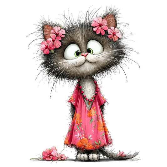 fluffy cat, whimsical cat, pink flowers, coral pink, charcoal gray, black and white, floral dress, cat with flowers, adorable animals, cute cat, spring flowers, botanical, animal lover, children's fabric, playful style, bohemian, festive, decorative cat, cat illustration, nature themed, girl's fabric, vibrant colors, cheerful design, flower crown, folk art style, artistic cat, cottage core, springtime theme, colorful florals