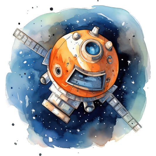 space, orange, blue, navy blue, celestial, stars, spacecraft, satellite, astronaut, galaxy, cosmic, whimsical, futuristic, adventure, science fiction, orange and blue, watercolor, illustration, children's, kids, boy's, educational, explorer, rocket ship, modern, playful, imaginative, STEM themed