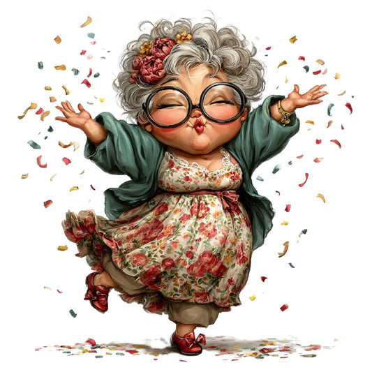 whimsical, grandmother, playful, cheerful, happy, festive, floral, roses, red flowers, cream, forest green, sage green, vintage, retro, character panel, novelty, inspirational, decorative, art print, celebration, confetti, joyful, folk art, traditional, cottage core, farmhouse, spring, summer, colorful