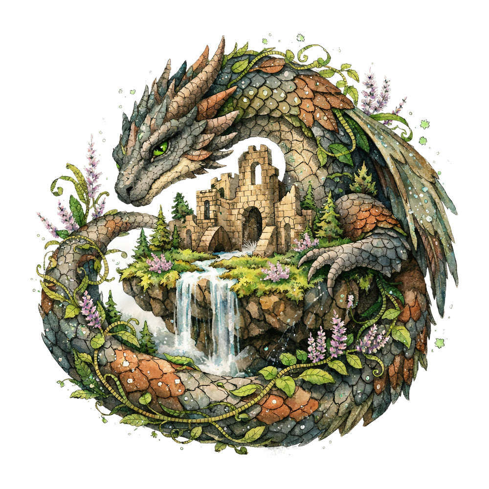 dragon, fantasy, castle, nature, magical, forest green, sage green, earth tones, tan, bronze, purple flowers, lavender, waterfall, stone, ruins, whimsical, enchanted, adventure, moss, vines, scales, wings, architectural, cottage core, mystical, nature-inspired, medieval, fantasy art, emerald, moss green