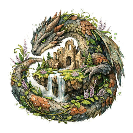 dragon, fantasy, castle, nature, magical, forest green, sage green, earth tones, tan, bronze, purple flowers, lavender, waterfall, stone, ruins, whimsical, enchanted, adventure, moss, vines, scales, wings, architectural, cottage core, mystical, nature-inspired, medieval, fantasy art, emerald, moss green