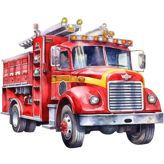 red, yellow, orange, silver, vintage fire truck, watercolor style, emergency vehicle, rescue truck, ladder truck, firefighting equipment, fabric panel, quilting cotton, transportation theme, retro illustration, chrome details, orange warning lights, detailed artwork, children's fabric, vehicle design, nostalgic style