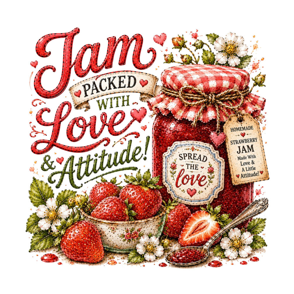 red, cream, white, green, gold, strawberry red, coral pink, vintage, farmhouse, rustic, floral, strawberry, hearts, jam jar, homemade, country, cottage core, botanical, daisies, spring, summer, whimsical, traditional, nature, fruit, kitchen, romantic, love themed, decorative text, gingham