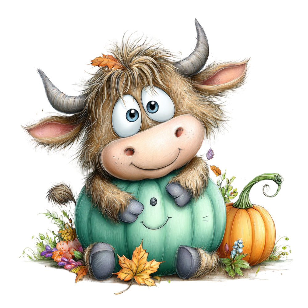 cute highland cow, whimsical animals, sage green, burnt orange, autumn, fall, pumpkin, flowers, floral, farmhouse, country, folk art, children's, playful, charming, rustic, colorful, nature, harvest, seasonal, baby, toddler, pastoral, countryside, adorable, cheerful, decorative, illustration style, children's quilt