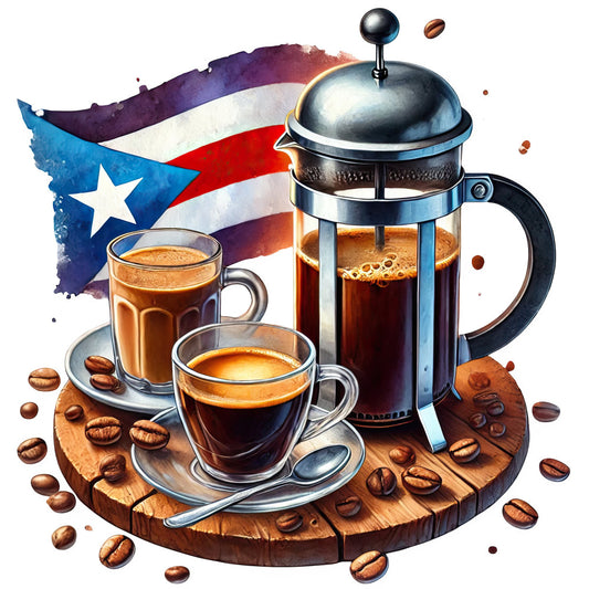 puerto rico flag, coffee theme, coffee cups, coffee beans, french press, dark brown, cream, red, blue, white, gold accents, beverage, café, coffee lover, food and drink, kitchen, culinary, café culture, morning coffee, espresso, brew, international, cultural, rustic, warm tones, coffee shop, barista, realistic illustration, detailed