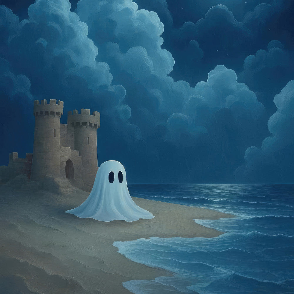 navy blue, teal, sandy beige, cream white, ghost, castle, beach, ocean waves, cloudy sky, nighttime, celestial, whimsical, spooky, Halloween, coastal, seaside, ethereal, dreamy, mystical, fantastical, beach house, ocean themed, haunting, magical, nocturnal, shore, turquoise, pale blue, sandy, moody