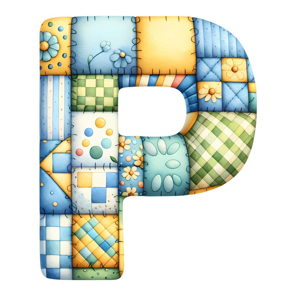 patchwork, letter p, alphabet, quilted, blue, yellow, gold, green, cream, soft yellow, floral, daisies, flowers, checkered, plaid, geometric, striped, polka dots, whimsical, playful, cheerful, nursery, baby, children, spring, pastel colors, traditional, charming, decorative initial