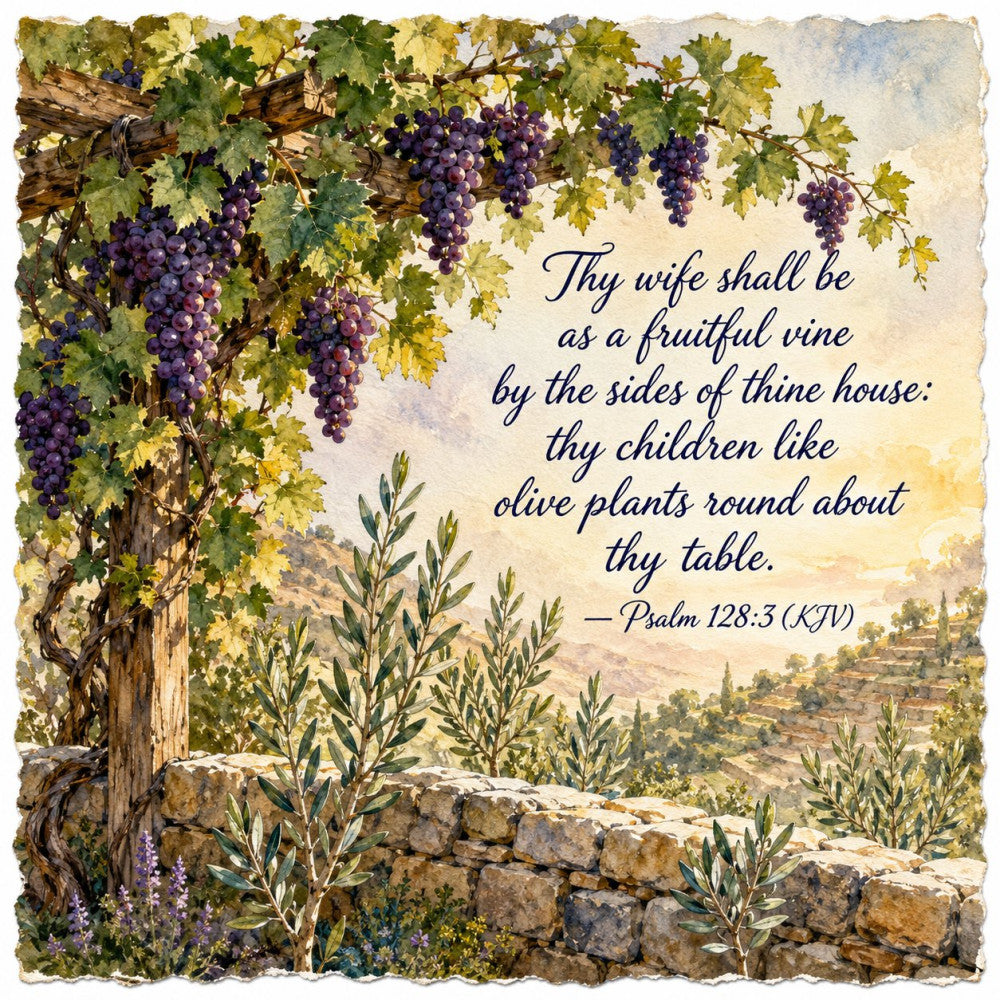 purple grapes, grapevine, wine, vineyard, olive plants, scripture, biblical, psalm, religious, spiritual, tuscan, mediterranean, harvest, autumn, nature, landscape, countryside, rustic, traditional, elegant, vintage, stone wall, terracotta, olive green, cream, beige, gold, pastoral, garden, farmhouse