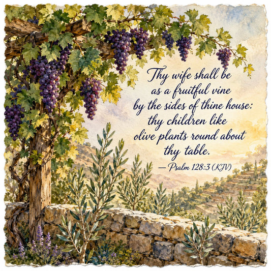 purple grapes, grapevine, wine, vineyard, olive plants, scripture, biblical, psalm, religious, spiritual, tuscan, mediterranean, harvest, autumn, nature, landscape, countryside, rustic, traditional, elegant, vintage, stone wall, terracotta, olive green, cream, beige, gold, pastoral, garden, farmhouse