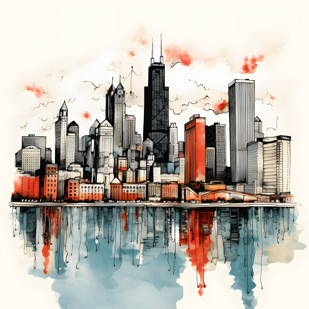 chicago skyline, cityscape, urban, architectural, ink sketch, watercolor, red brick, charcoal gray, cream, blue-gray, burnt orange, rust, modern, contemporary, artistic, hand-drawn, splatter effect, reflection, water, ink wash, line art, building silhouette, skyscraper, metropolitan, home decor, wall art, travel themed, city lover, industrial style, abstract watercolor