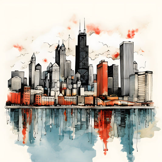 chicago skyline, cityscape, urban, architectural, ink sketch, watercolor, red brick, charcoal gray, cream, blue-gray, burnt orange, rust, modern, contemporary, artistic, hand-drawn, splatter effect, reflection, water, ink wash, line art, building silhouette, skyscraper, metropolitan, home decor, wall art, travel themed, city lover, industrial style, abstract watercolor