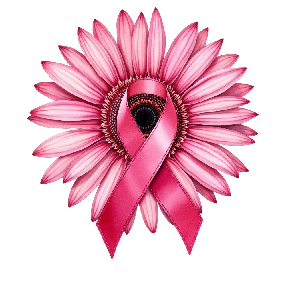 pink ribbon, breast cancer awareness, gerbera daisy, pink flower, magenta, rose pink, fabric panel, quilting cotton, awareness ribbon, floral design, medical support, hope symbol, charity theme, pink petals, flower center, supportive message, cotton fabric, crafting material, sewing project, panel design