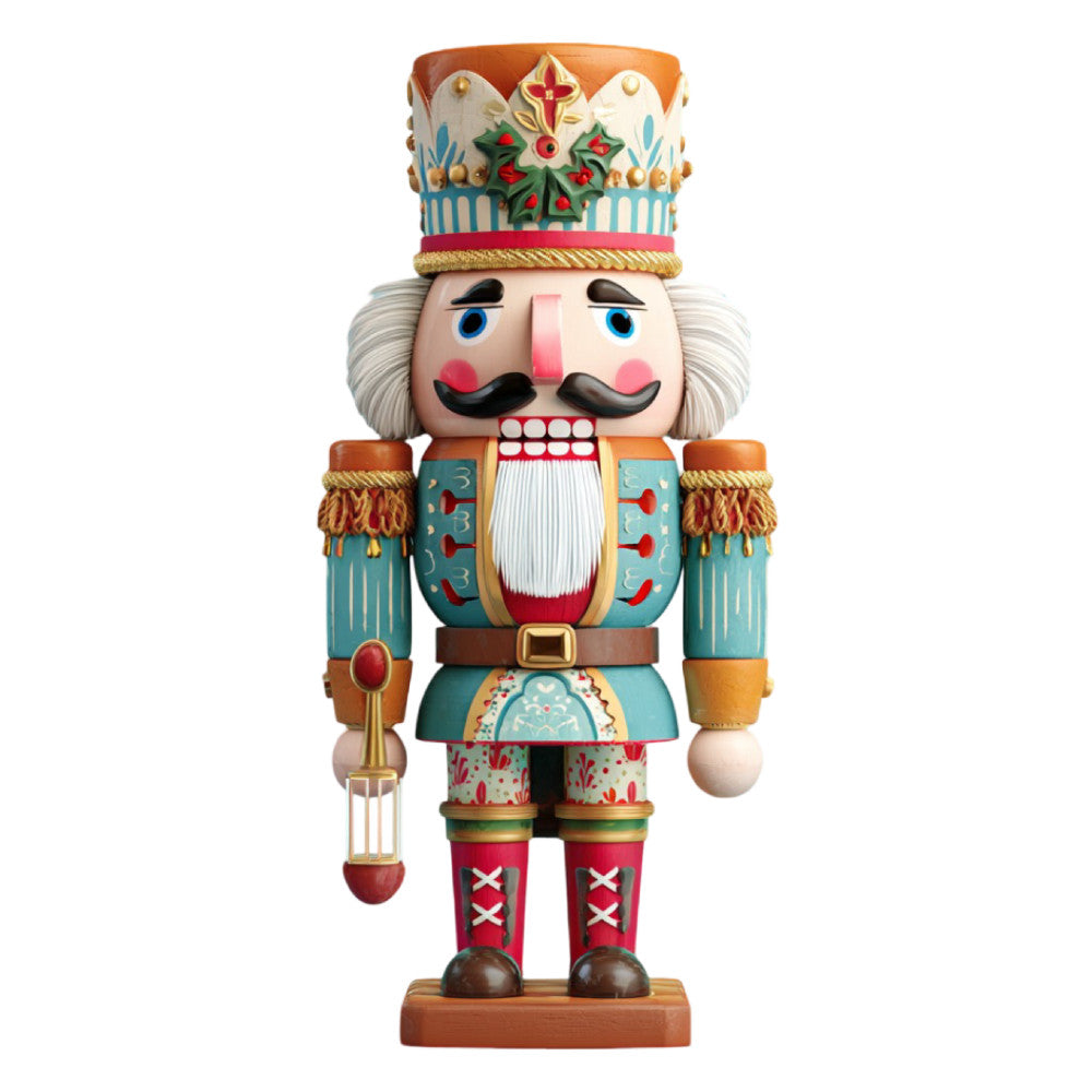 nutcracker, christmas, holiday, soldier, traditional, whimsical, vintage, festive, teal, turquoise, coral, red, gold, cream, white, black, ornate, decorative, nutcracker soldier, winter, seasonal, toy soldier, elegant, classic, cheerful, bearded character, crown, stripe, embellished, retro