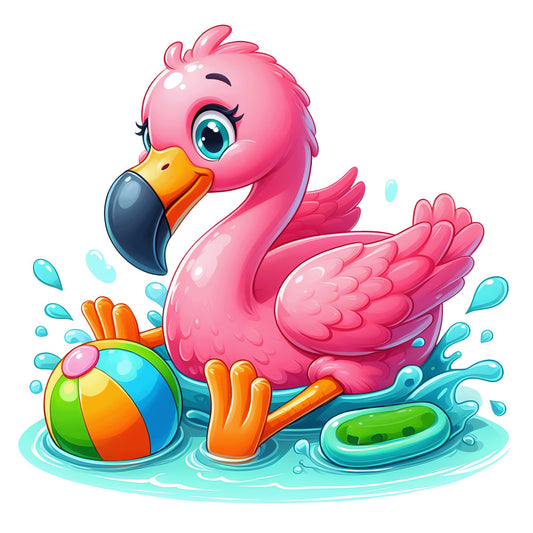 pink flamingo, baby animal, cartoon style, bright pink, turquoise blue, orange accents, yellow beak, water splash, beach ball, swim ring, playful design, tropical theme, summer vibes, cute character, fabric panel, quilting cotton, children's fabric, nursery decor, whimsical illustration, swimming scene