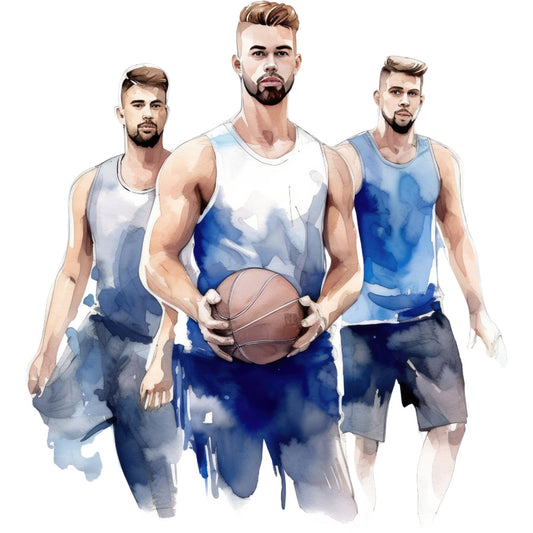 basketball, sports, athletic, men, watercolor, blue, navy blue, white, gray, abstract, modern, contemporary, casual, action sports, team sports, athletic wear, exercise, fitness, gym, sportswear, masculine, dynamic, painted effect, ink wash, watercolor effect, blue and white, grey and white, athletic themed, sports illustration