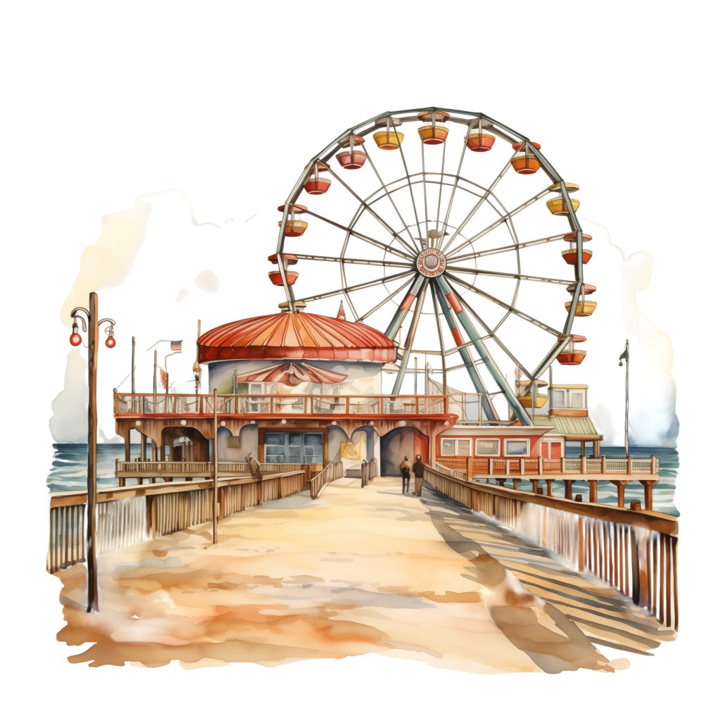 vintage boardwalk, nostalgic amusement park, ferris wheel, beach pier, coastal, seaside, retro carnival, cream, tan, beige, rust orange, warm orange, red-orange, sandy beige, muted colors, vintage illustration, nostalgic design, whimsical, retro style, mid-century, americana, summer, vacation theme, travel theme, architectural, landmark, wall hanging, home decor, novelty print, iconic structures