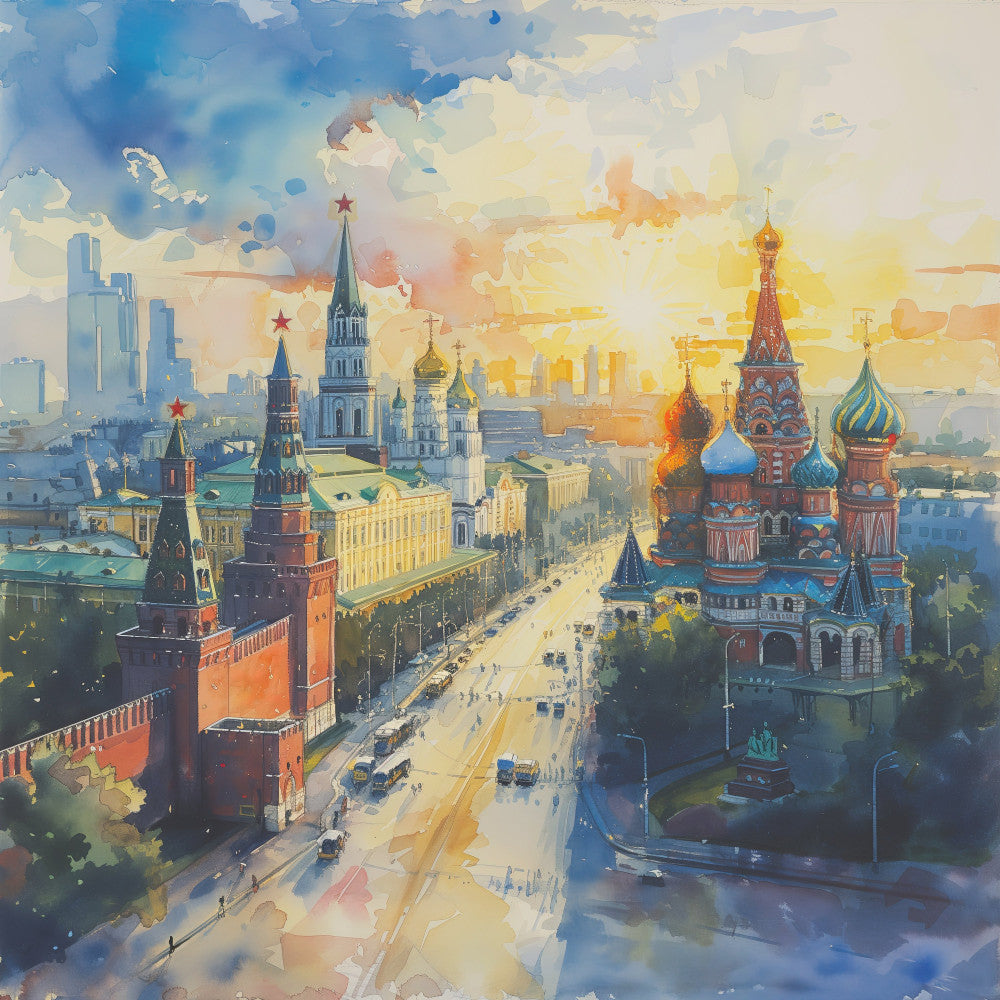 moscow cityscape, red square, kremlin, saint basil's cathedral, golden domes, watercolor, travel, architecture, russian landmarks, blue sky, sunset, yellow ochre, cream, soft blue, coral accents, vintage travel poster, landscape, scenic, whimsical, elegant, dreamy, impressionist style, historic landmarks, european city, cultural heritage, wall hanging, decorative panel, travel themed, pastels, warm tones