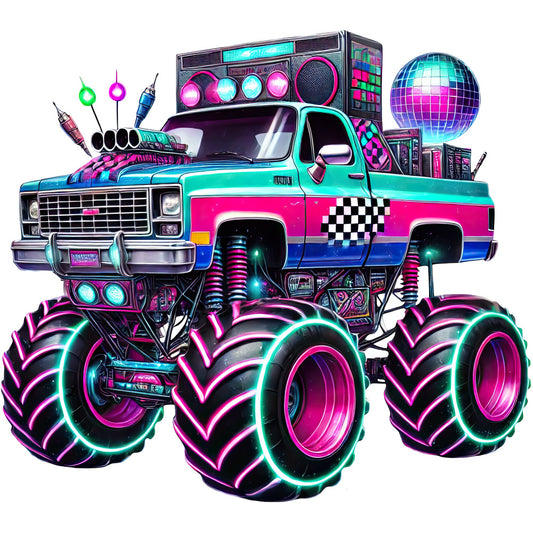 neon pink, cyan blue, magenta, turquoise, neon green, purple, retro 80s, synthwave, vaporwave, geometric, abstract, monster truck, vehicle, music, boombox, disco ball, modern, whimsical, bold, vibrant, glow effect, neon lights, party, fun, playful, music themed, entertainment, pop culture, contemporary, digital art style