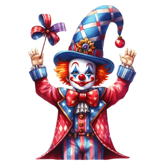 clown, circus, red, blue, navy blue, gold, orange, striped, plaid, whimsical, vintage, festive, holiday, cheerful, playful, jester, hat, bow tie, stars, diamond pattern, traditional, fun, children's, carnival, performance, entertainer, colorful, decorative, wall hanging, novelty