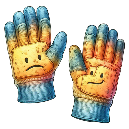 heat reactive, temperature sensitive, color changing, sad happy faces, emotional expression, mood gloves, novelty, whimsical, playful, anthropomorphic, character design, children's, fun, quirky, blue yellow orange, gradient, ombre effect, hand themed, wearable art, interactive, gag gift, conversation starter, illustrated, cartoonish, modern playful, retro inspired, unique print, statement piece