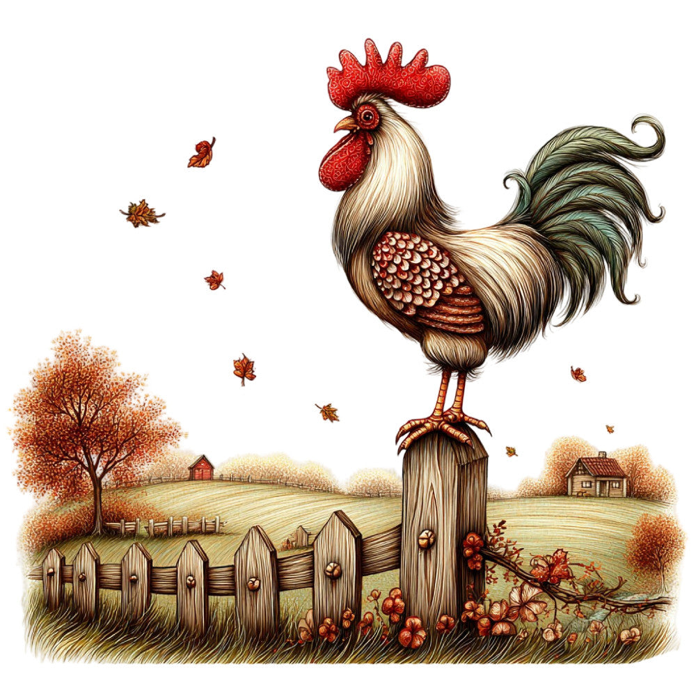 rooster, fall, autumn, farmhouse, rustic, countryside, barn, fence, wooden post, red comb, cream, tan, golden brown, forest green, burnt orange, rust, warm tones, harvest, country, vintage, whimsical, folk art, pastoral, leaves, falling leaves, nature, bucolic, cottage, rural, traditional
