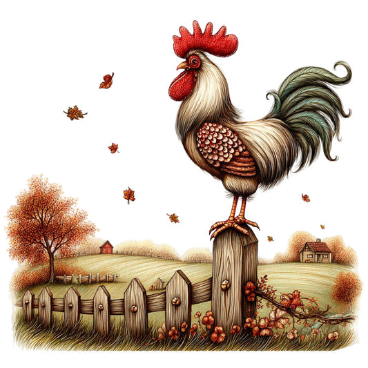 rooster, fall, autumn, farmhouse, rustic, countryside, barn, fence, wooden post, red comb, cream, tan, golden brown, forest green, burnt orange, rust, warm tones, harvest, country, vintage, whimsical, folk art, pastoral, leaves, falling leaves, nature, bucolic, cottage, rural, traditional