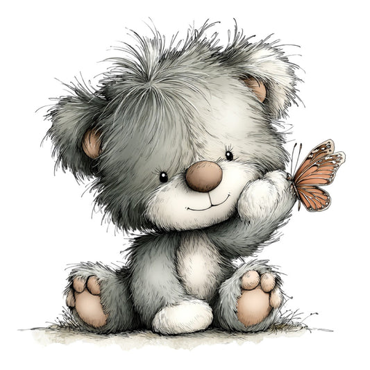 cute animal, fluffy creature, whimsical, charming, gray and white, soft gray, cream, tan, nature, butterfly, children's, baby, playful, cheerful, smiling face, innocent, gentle, woodland, storybook, illustration style, watercolor, artistic, sweet, lovable, nurturing, bedding, nursery, child's quilt, wall art, decorative panel