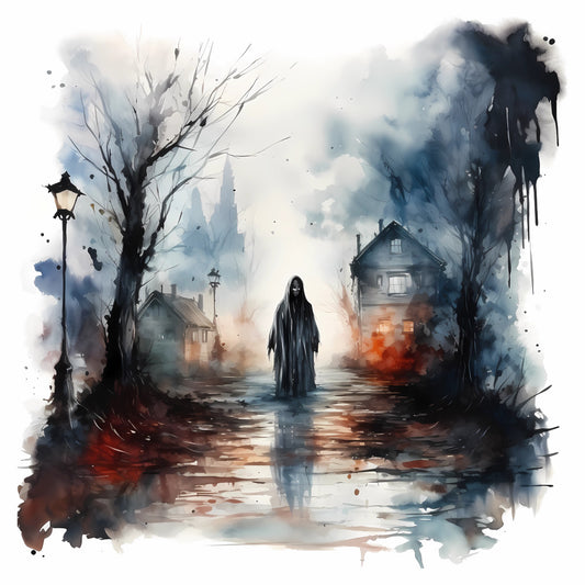 gothic, haunted, spooky, ghostly, dark academia, moody, atmospheric, charcoal gray, slate blue, deep blue, cream, rust red, burnt orange, watercolor, abstract, ethereal, mysterious, eerie, supernatural, horror, dark fantasy, autumn, halloween, paranormal, ghosts, specter, gloomy, noir, macabre, wall hanging