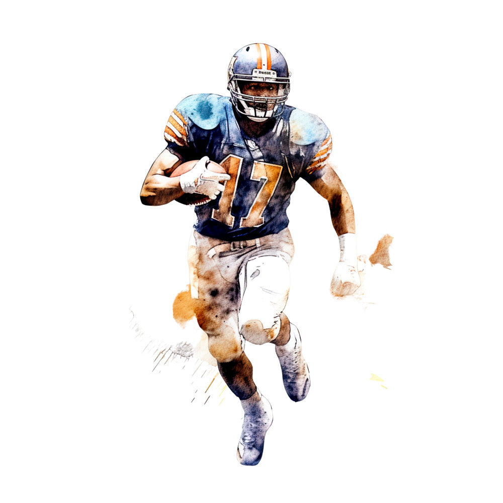 football, sports, athletic, number 7, jersey, player, action, watercolor, navy blue, orange, tan, white, cream, painted, artistic, illustration, masculine, dynamic, movement, running, touchdown, gridiron, team spirit, fan apparel, sports themed, casual wear, modern art style, contemporary, gift for fan, sports enthusiast