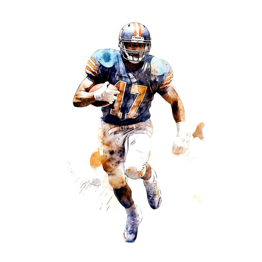 football, sports, athletic, number 7, jersey, player, action, watercolor, navy blue, orange, tan, white, cream, painted, artistic, illustration, masculine, dynamic, movement, running, touchdown, gridiron, team spirit, fan apparel, sports themed, casual wear, modern art style, contemporary, gift for fan, sports enthusiast