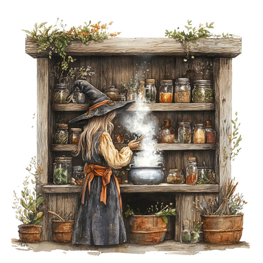 watercolor, witch, apothecary, botanical, herbs, jars, cauldron, brewing, magic, potion making, autumn colors, earth tones, brown, green, orange, rustic wood, shelving, cottage core, fantasy, fabric panel, quilting cotton, mystical, herbal garden, wooden shelves, steaming cauldron, pointed hat, blonde hair, orange sash
